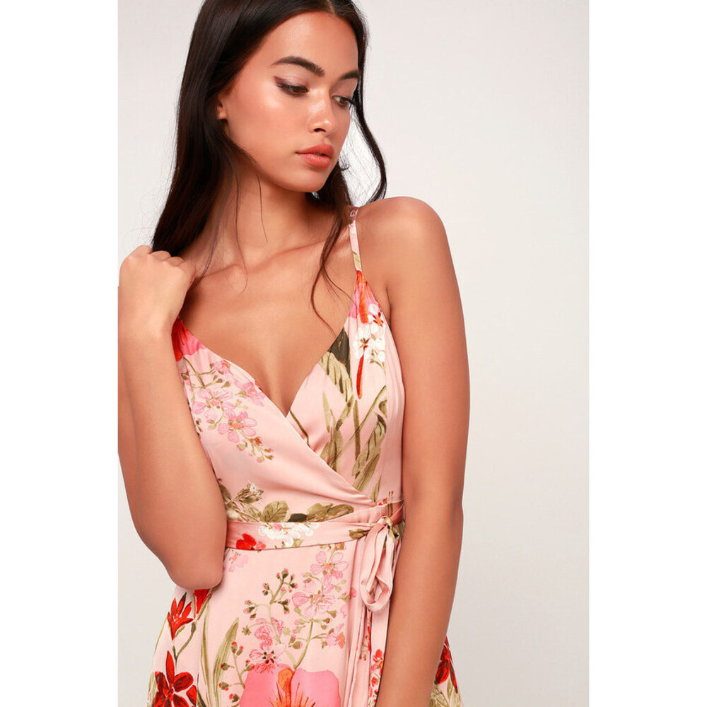 Lulus Still The One Blush Pink Floral Print Satin Maxi Dress - Size XL